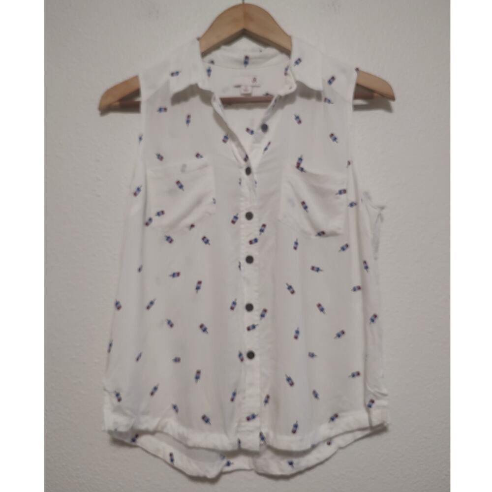 So Women's Small White Popsicle Print Button Front Semi Sheer Sleeveless Top